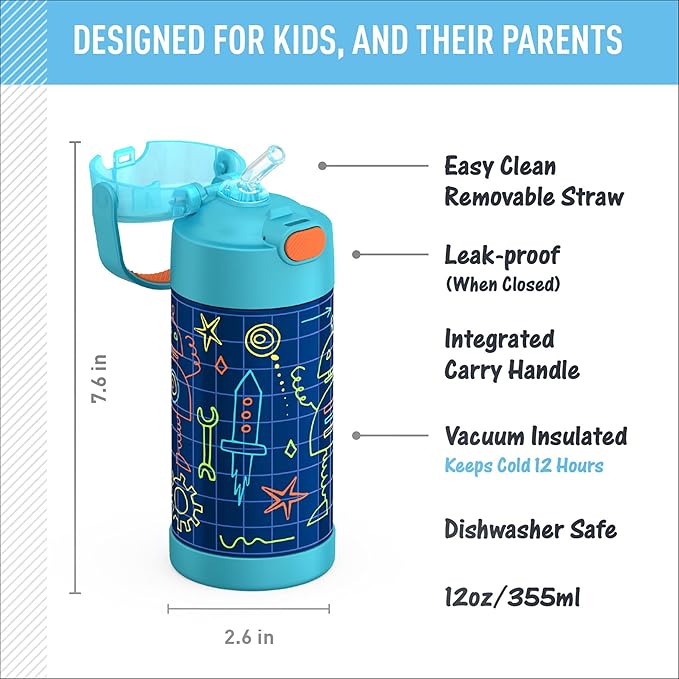 THERMOS FUNTAINER Water Bottle with Straw - 12 Ounce - Kids Stainless Steel Vacuum Insulated Water Bottle with Lid, Robot Doodles