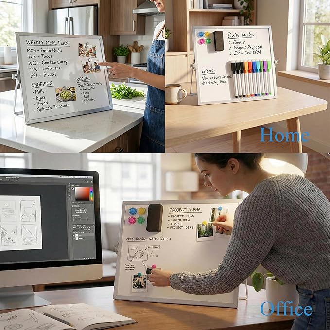 Small Desk Dry Erase Board with Stand, 10" x 10" Magnetic Double-Sided Desktop Whiteboard, 10 Markers, 4 Magnets & 1 Eraser, Portable Mini Whiteboard for Office, Kitchen, Home, School