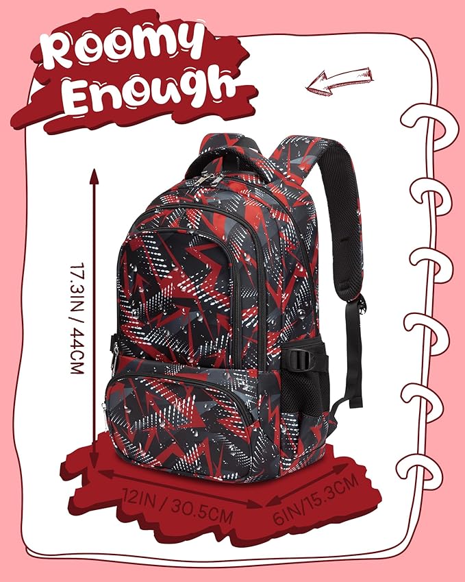 BLUEFAIRY Kids School Backpack for Boys Girls Ages 6-8 8-10 10-12 Elementary Middle School Book Bags with Laptop Compartment Mochilas Escolares para Niños Niñas de 8 10 12 Años (Red, Geometric)