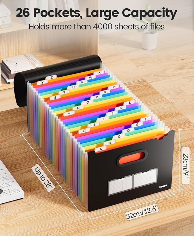 Sooez 26-Pocket Accordion File Organizer, Upgraded Expanding File Folder with Unobstructed A-Z Tabs, Premium Bill Tax Receipt Document Organizer Storage for Letter/A4 Size Paper, School Office & Home