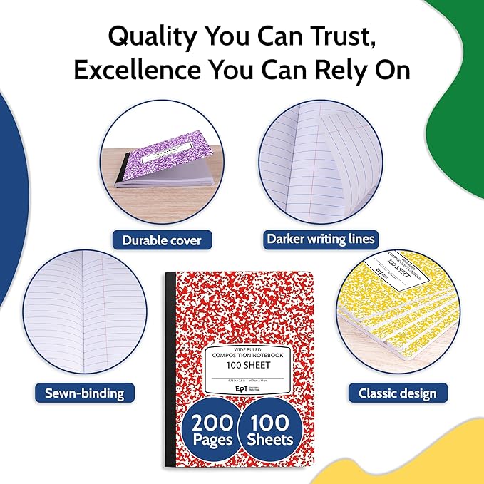 48 Pack - EPI Wide Ruled Marble Composition Notebook - Assorted Colors 200 Page Note Book - 9.75 x 7.5 Inch Hardcover Journal with Sewn Binding for Secure Pages - Classroom Back to School Supplies