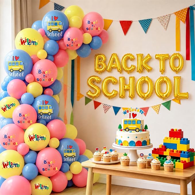 Back to School Balloons Decoration Kit, 16 Inch Gold Letter Balloon Banner, 12 Inch School Bus Printed Latex Balloons, Classroom Welcome Back Party Supplies for Students Teachers First Day of School