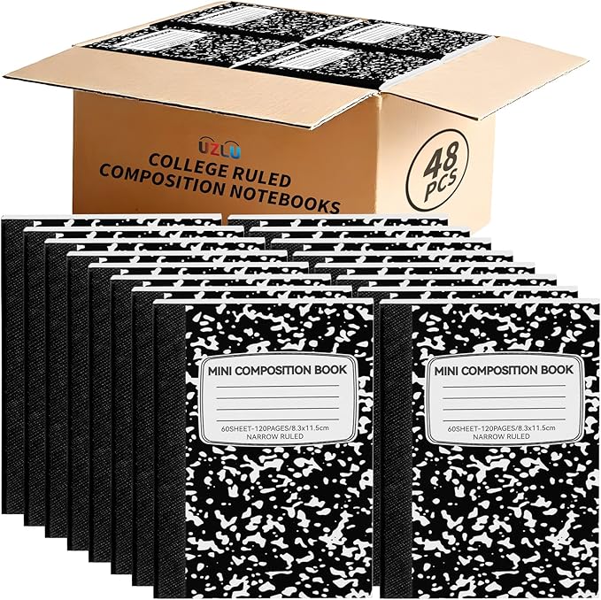 48 Pack 4.5" x 3.25" Mini Composition Notebooks Bulk College Ruled Half Composition Notebook Narrow Ruled Small Pocket Marble Journal 60 Sheets for Students Office School Supplies