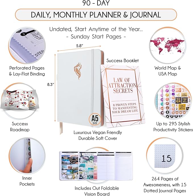 Gratitude Journal for Women and Men — 5 Minute Self Care Journal | Mindfulness, Manifestation, Affirmation | 3 Month Productivity Planner | Undated Daily Planner, Vision Board + Stickers