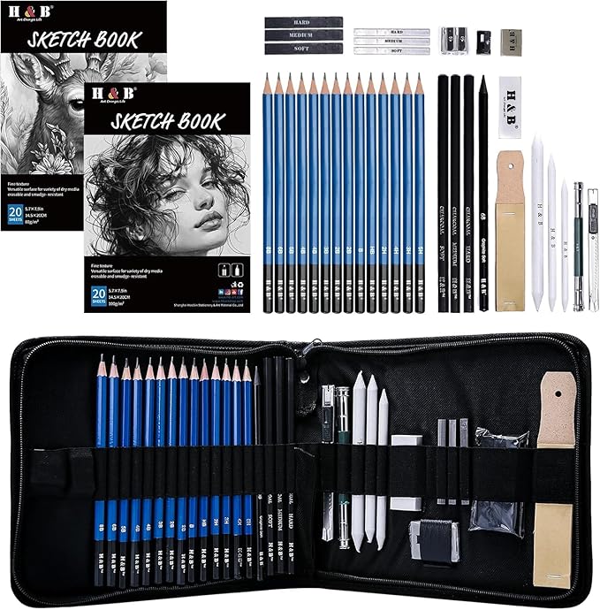 H & B 36 Pack Drawing Set Sketch Kit,Sketching Supplies with 2 sketch pad, Graphite Pencils, Charcoal Sticks, Eraser, Pro Art Drawing Kit for Artists Beginner Adults, Ideal for Shading, Blending