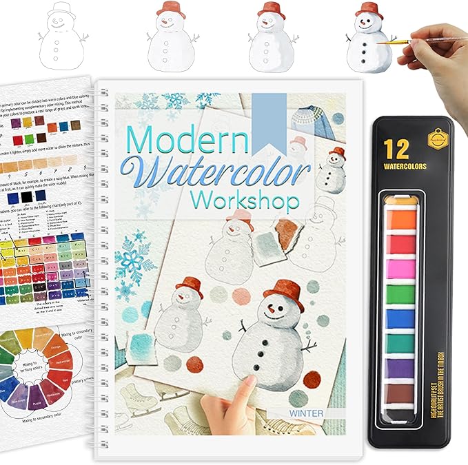Watercolor Workbook, Watercolor Workbook Paint Book Beginner Friendly with 12 Patterns, Beginner-Friendly Watercolor Workbooks with 12 Paint Colors & Brush, Water Color Paint Set, Valentine's Day Gift