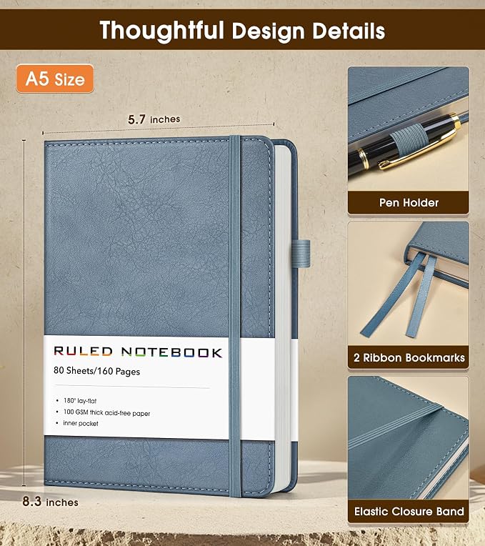 Lined Journal Notebook, A5 Hardcover Leather Journals for Writing, 160 Numbered Pages, 5.7'' x 8.3'' Journaling Notebooks for Men Women, Thick Paper College Ruled Journal for Work Office School, Dusty Blue