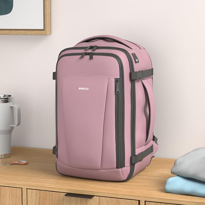 ECOHUB Travel Backpack 18x14x8 Frontier Airlines Personal Item Bag Pink | Carry On Backpack with 13 Pockets, Casual Daypack for Men Women Airline Approved Water Resistant Back pack with Charging Port