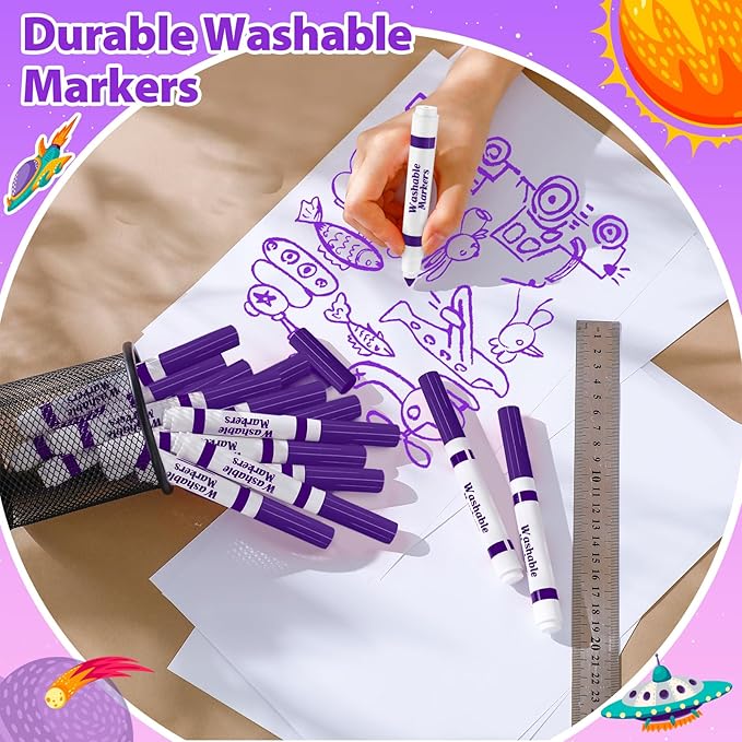 24 Pcs Washable Markers Bulk Broad Line Markers Coloring Conical Tip Large pens for Kids art projects, Teachers, Students, Toddlers, Party Favors, Classrooms, Donations(Purple)