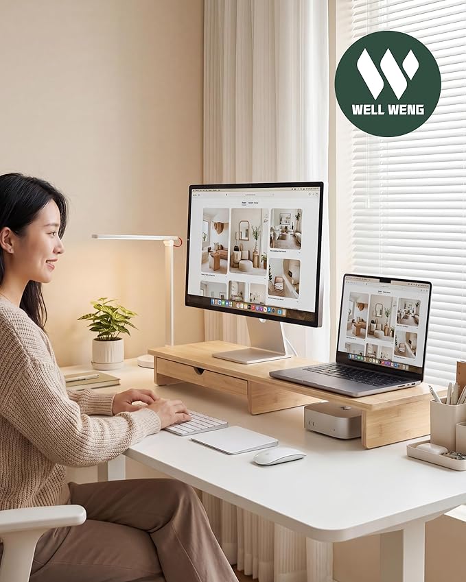 Bamboo Monitor Stand with Large Storage Drawer, 42 Inch Ergonomic Computer Riser for Desk, Screen Shelf with 5 Compartments for Keyboard & Stationery Organization Keyboard Storage