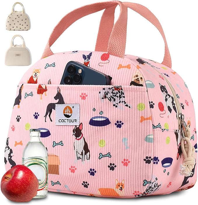 CaCTOUR Lunch Box for Women Girls Teens,Cute Lunch Box Cooler Bag, Portable Insulated Small Lunch Bag Women Reusable Corduroy Lunch Tote for Work/Travel/Picnic/School (Dog Pink,Small)