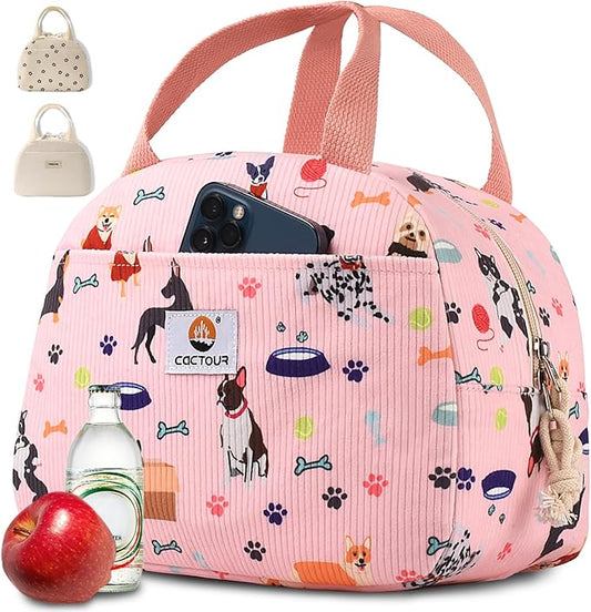 CaCTOUR Lunch Box for Women Girls Teens,Cute Lunch Box Cooler Bag, Portable Insulated Small Lunch Bag Women Reusable Corduroy Lunch Tote for Work/Travel/Picnic/School (Dog Pink,Small)
