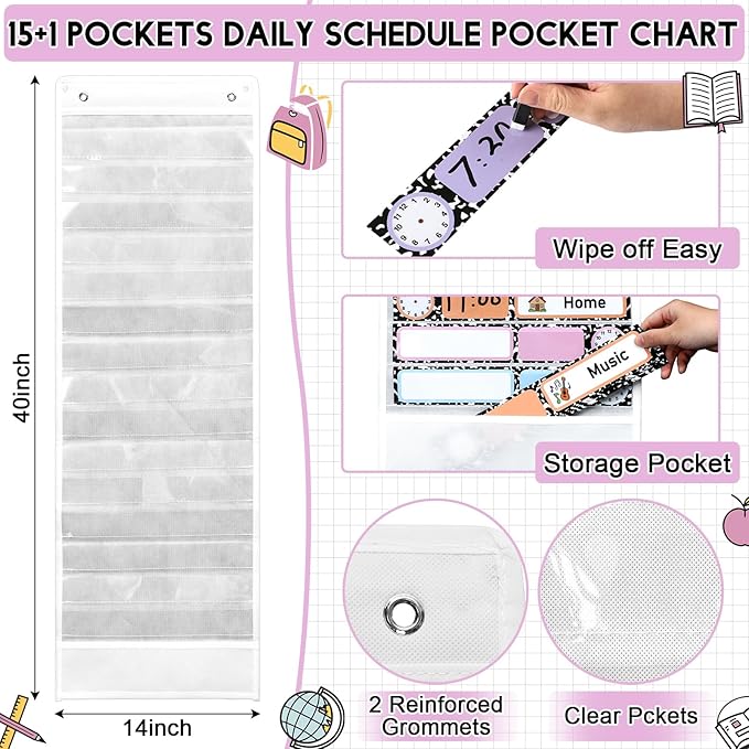 Gueevin Daily Schedule Pocket Chart for Classroom, 15+1 Pockets with 32 Pcs Double-Sided Reusable Cards Daily Schedule Pocket Chart Decor for Classroom School Home Activity Office Supplies (Notebook)