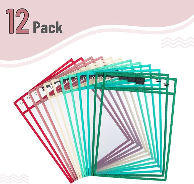 Mr. Pen- Reusable Dry Erase Pocket Sleeves, 10" x 14", 12 Pack, Colorful, Clear Plastic Paper Sleeves, Ticket Holders, Clear Plastic Sheet Protectors, Teacher, School, Classroom Supplies