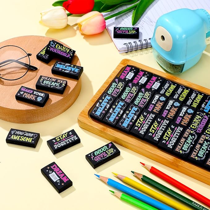 Dunzoom 100 Pcs End of Year Inspirational Pencil Erasers Bulk for Kids Back to School Fun Motivational Eraser School Office Supplies for Students Classroom Office Teacher Artists(Colorful Chalkboard)