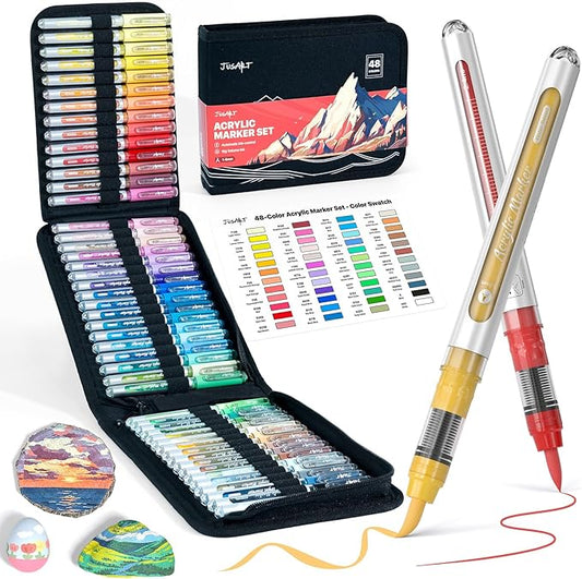 JusArt 48 Colors Acrylic Paint Markers with Canvas Bag, Water-Based No-Bleed Paint Pens with Automatic Ink Control, Waterproof Brush Tip Markers for DIY Art & Crafts -Fabric, Rock, Wood, Glass, Metal