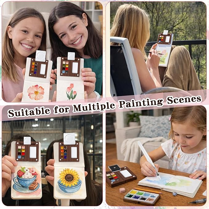 Mini Paint Palette Travel Kit - Mini Travel Watercolor Palette Set, Pocket Artist Water Color Travel Set with Colours, Watercolor Book, Clips, Pens,Wooden Paint Box for Painters Artists Student