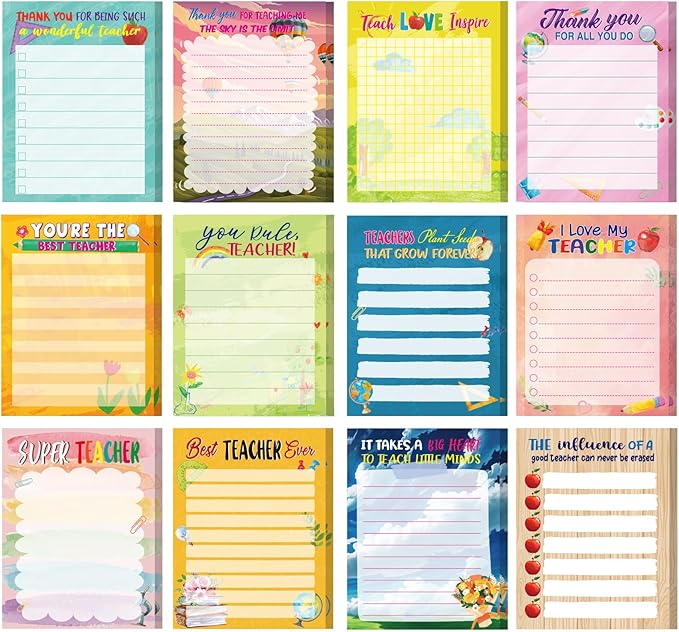 Pajean 12 Pcs End of Year Teacher Gifts Teacher Appreciation Notepad Gift Sets Lined Notepads to Do List Memo Notepads for Graduation Present Colored Cute Sticky Paper Notes Supplies(Elegant Style)