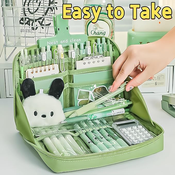 Kawaii Cute Aesthetic Pencil Case - Large Capacity Canvas Pen Pouch Bag (Green)