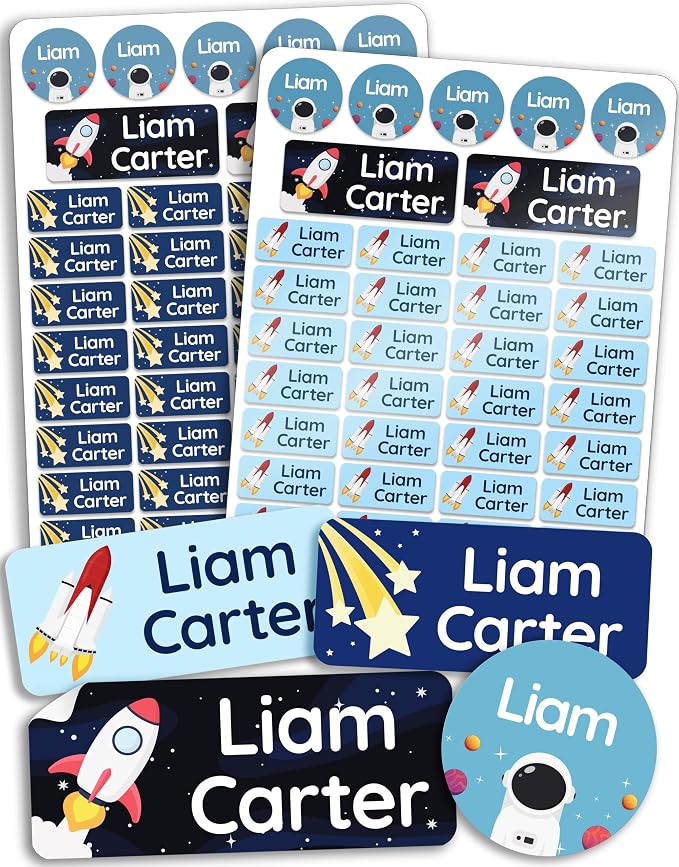 Personalized Daycare Name Labels for Kids [70pcs, Galaxy] - Waterproof Name Stickers for School, Baby Bottles & Clothing - Custom Name Stickers - Washable Stick On Labels (Various Sizes)