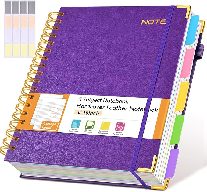 Hardcover Large Spiral Notebook journal with Removable Dividers Tabs, 300 pages Leather 5 Subject Notebook College Ruled, 8" x 10"Journal for Women Men, Notebooks for Work School Note taking,B5 Purple