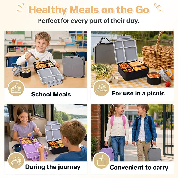 Bento Lunch Box with 8oz Soup Thermo,Kids Leakproof 4 Compartment Lunch Food Containers with Sauce Cup and Ice Pack,Kids Thermo Insulated Hot Food Jar and Lunch Bag for School,Trvael-Black
