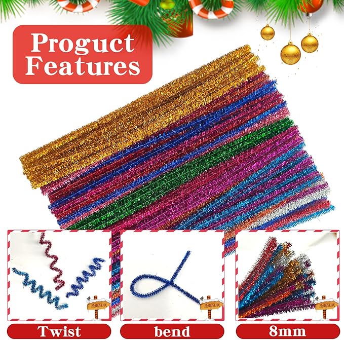 200Pcs Glitter Pipe Cleaners Craft Bulk,Art Aupplies Toys for Kids,DIY Multicolor Sparkly Chenille Stems for Halloween/Christmas Home Decor,Xmas Gift Wrapping and Festival Party Decoration Present