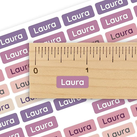 Mini Name Labels (175) - Custom Personalized Name Labels for Labeling Tiny Items, Washer and Dryer-Safe Waterproof Labels for Daycare, Preschool, and School - Purple Palette