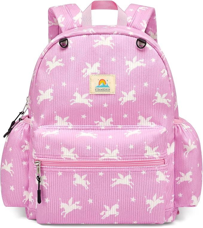 STEAMEDBUN Corduroy Kids Backpack for Girls and Boys 5-8: Girls Backpack for Elementary Kindergarten - 15 inch Cute Backpacks for Kids - Pink Unicorn