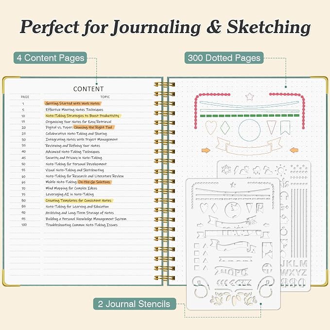 Bullet Dotted Journal Notebook, 300 Pages Leather Notebooks with Contens