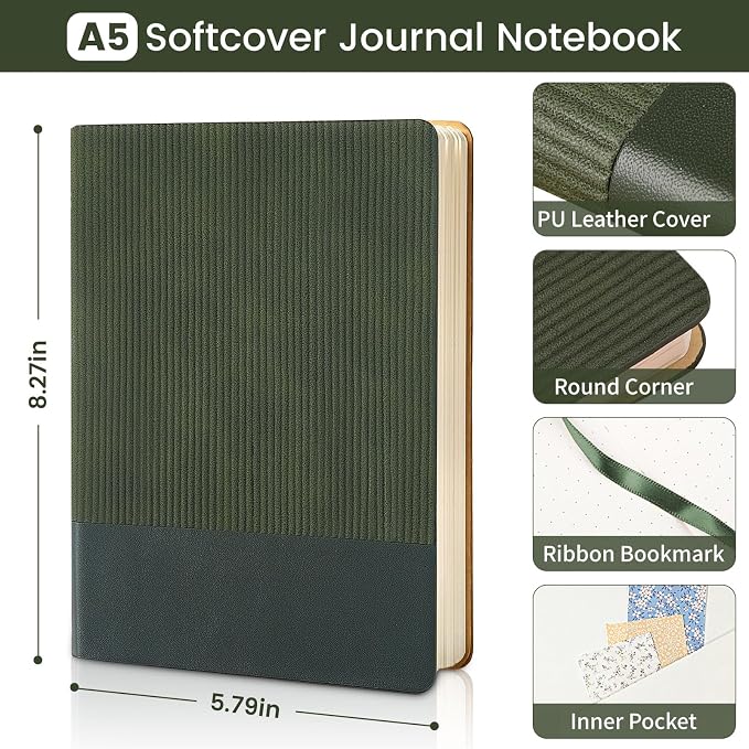 Dotted Journal Notebook Soft Cover PU Leather Journaling Notebooks for Women Men Writing Work Office School 160 Pages 100 GSM Thick Paper A5 Dotted 80 Sheets 5.79"x8.27", Dark Green
