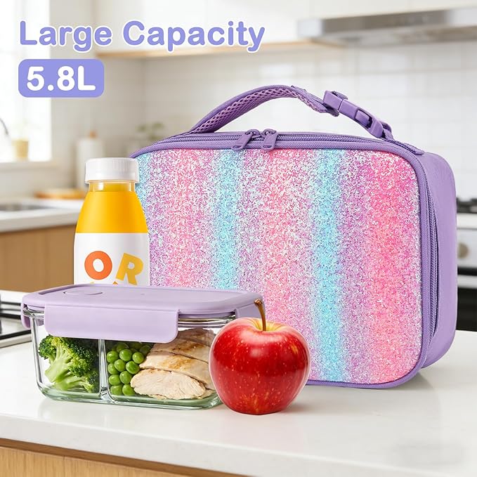 FlowFly Kids Lunch box Insulated Soft Bag Mini Cooler Back to School Thermal Meal Tote Kit for Girls, Boys,Purple#Glitter