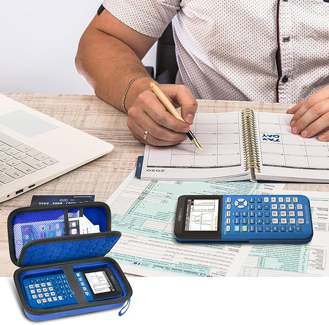 Graphing Calculator Case Compatible with Texas Instruments TI-84 Plus CE/TI-83 Plus CE, Hard Storage Holder for Students, School & Library Study, Mesh Pockets,Pen Holder Hand Strap Case Only Blue