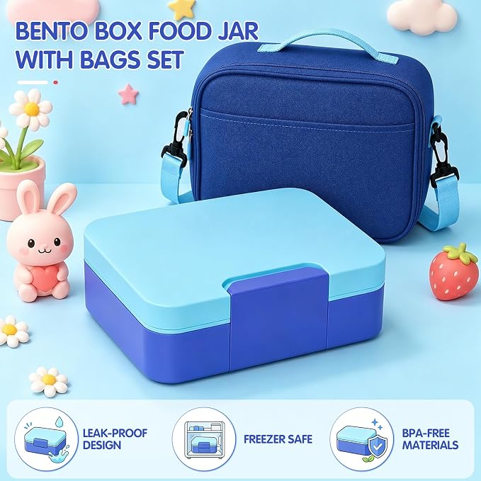 HOMETALL Bento Lunch Box for Kids with 8.5oz Insulated Food Thermo - Leakproof Bento Box Lunch Bags for Ages 3 to 14, Back to School BPA-Free Lunchbox Snack Containers Reusable Daycare Meal Prep,Blue