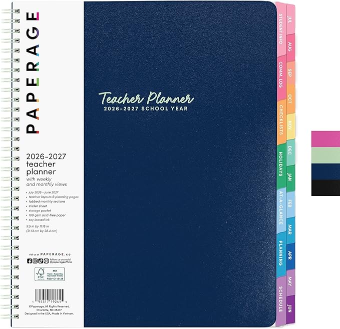 PAPERAGE Teacher Planner, Weekly & Monthly Academic Planner & Calendar, 12-Months, July 2026 - June 2027, (9.5" x 11"), Teacher Lesson Planning Book with Tabs, Stickers & Inner Pocket, Royal Blue