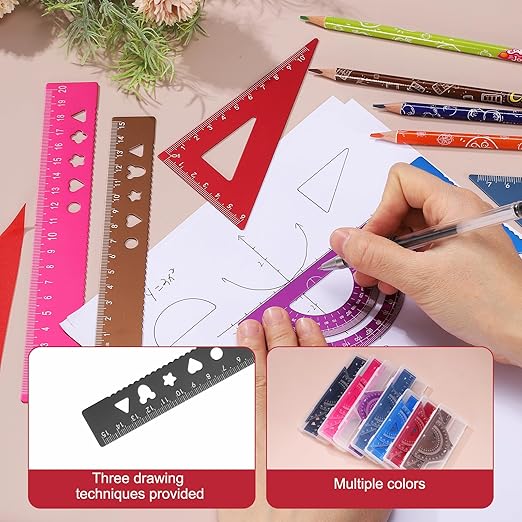 PATIKIL 4 Pcs Geometry Drafting Tool, Aluminum Alloy Geometry Kit Math Tool Includes 15cm L Ruler Protractor Triangles for Drafting Angle Measure Simple Science Experiment, Black