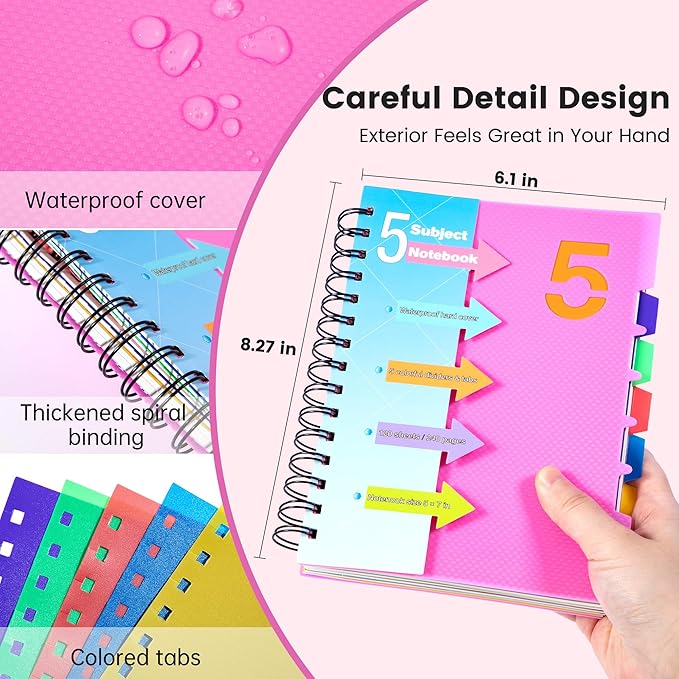 CAGIE 5 Subject Notebook 2 Pack, A5 Small Spiral Notebook with Removable Pocket Dividers Tabs, 240 Pages Spiral Note Book College Ruled for School Work Note taking, Pink