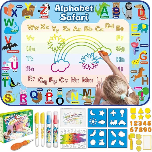 ANIMOLDS Water Doodle Mat 40″ × 32″ – Aqua Magic Drawing Board for Toddlers & Kids | Alphabet Safari Theme Educational Art Play Mat | Reusable, Mess-Free Water Painting Toy