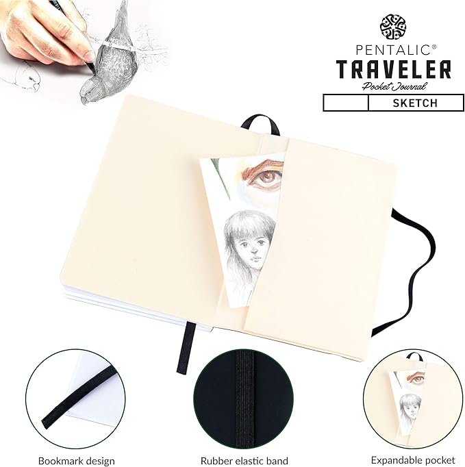 Pentalic 4" x 6" Pocket Sketchbook Traveler Journal, 160 Pages, Black