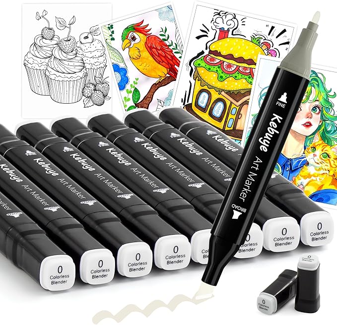 Kebuye 8 Pack Colorless Alcohol Markers - Dual Tips Marker Set Blender Blending Pen - Art Drawing Sketch Double Tipped for Adults Kids Artist Coloring Book