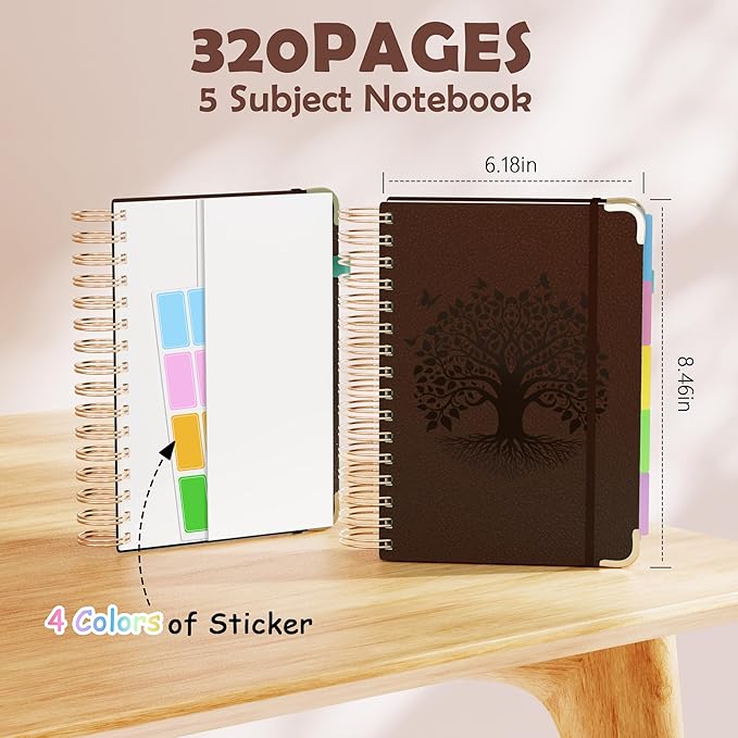 QIYVLOS Hardcover Spiral Notebook, A5 Journal with Removable Dividers Tabs, 5 Subject Notebook College Ruled, 320 Pages 6"x8" Leather Notebooks for Work School Study, Lined Journal for Women, Brown