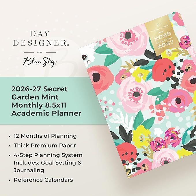 Blue Sky Day Designer 2026-2027 Monthly Academic Year Planner Calendar, July 2026 - June 2027, 8.5" x 11", Flexible Cover, Stapled Binding, Secret Garden Mint
