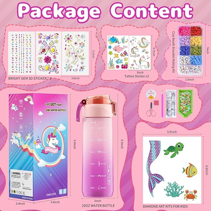 BOOH Decorate Your Own Water Bottle Kits for Girls Age 4-12, Fun Arts and Crafts for Girls Age 4-12, Friendship Bracelet Kit & Mermaid Tail Toys for Ages 6-12, Birthday Gifts Christmas School