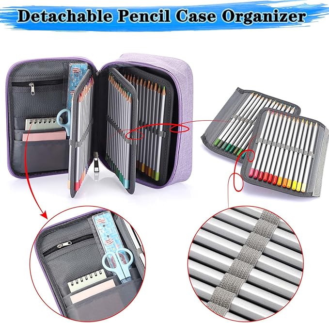 BTSKY® High Capacity Zipper Pens Pencil Case- Multi-Functional Stationery Pouch 72 Slots Colored Portable Pencil Bags With 2 Removable Sleeves(Purple)