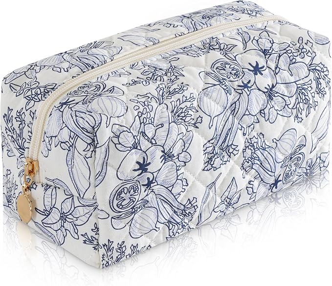 Makeup Bag Travel Toiletry Bag for Women, Small Cosmetic Bags Cute Quilted Cotton Makeup Pouch for Purse Emergency Bag Pencil Case Accessory Bag, Light Cyan
