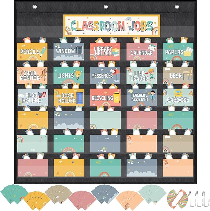 Qeeenar Class Jobs Pocket Chart with 96 Pcs Colorful Classroom Jobs Cards and 3 Hooks Boho Classroom Management Education Pocket Chart Teacher's Helper Class Bulletin Board for Back to School Supplies
