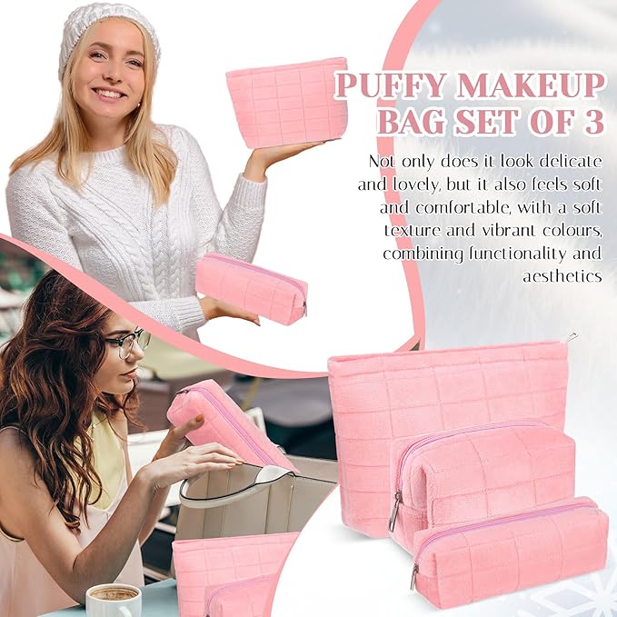 Huhumy 3 Pcs Puffy Makeup Bag Set Quilted Plush Emergency Pouch for Women Cute Checkered Travel Toiletry Bag Puffer Aesthetic Makeup Organizer Cosmetic Purse Pouch Preppy Pencil Case(Pink)