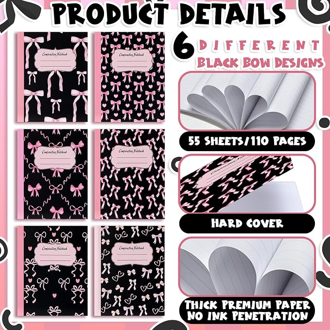 Fullhawl 6 Pack Composition Notebook College Ruled Bulk Black Pink Bow Composition Notebook Preppy Aesthetic for Back to School Supplies 110 Pages 9-3/4 x 7-1/2" Journal for First Day of School Office