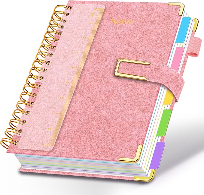 Hardcover Spiral Notebook College Ruled, 8"x10" Leather Journal Notebook with Magnetic Closure, 300 Pages 5 Subject Notebook with Dividers Tabs Journal for Women Men, Work, School(Pink)