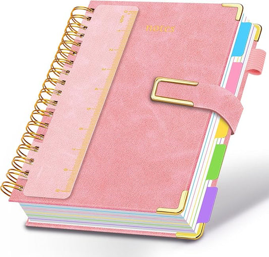 Hardcover Spiral Notebook College Ruled, 8"x10" Leather Journal Notebook with Magnetic Closure, 300 Pages 5 Subject Notebook with Dividers Tabs Journal for Women Men, Work, School(Pink)
